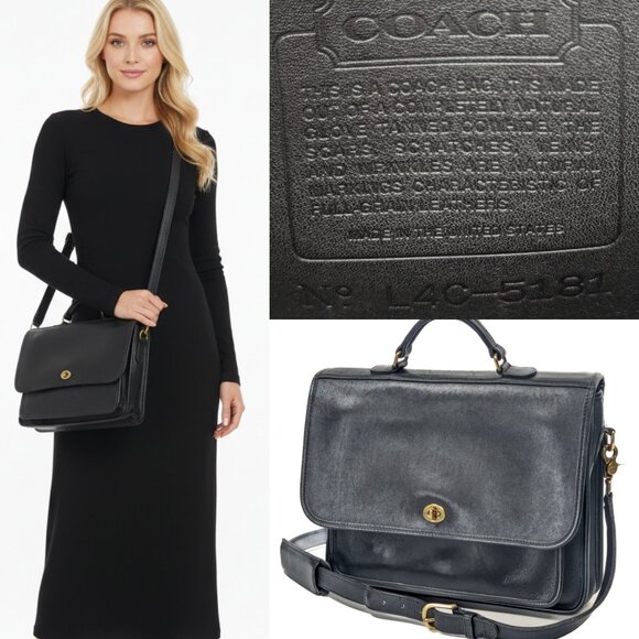 COACH USA Vintage Black Leather Briefcase Shoulder Bag - Made in USA - Picture 2 of 16